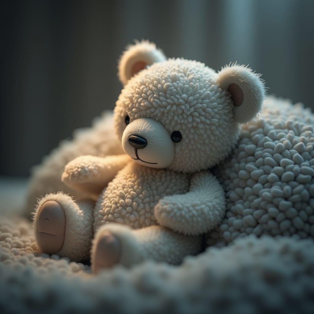 Baby Cradling Teddy Bear in Dreamlike Grayscale