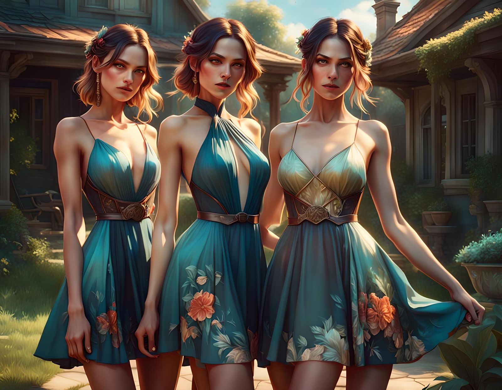 Fashionable Trio in Backyard: Movie Poster Style