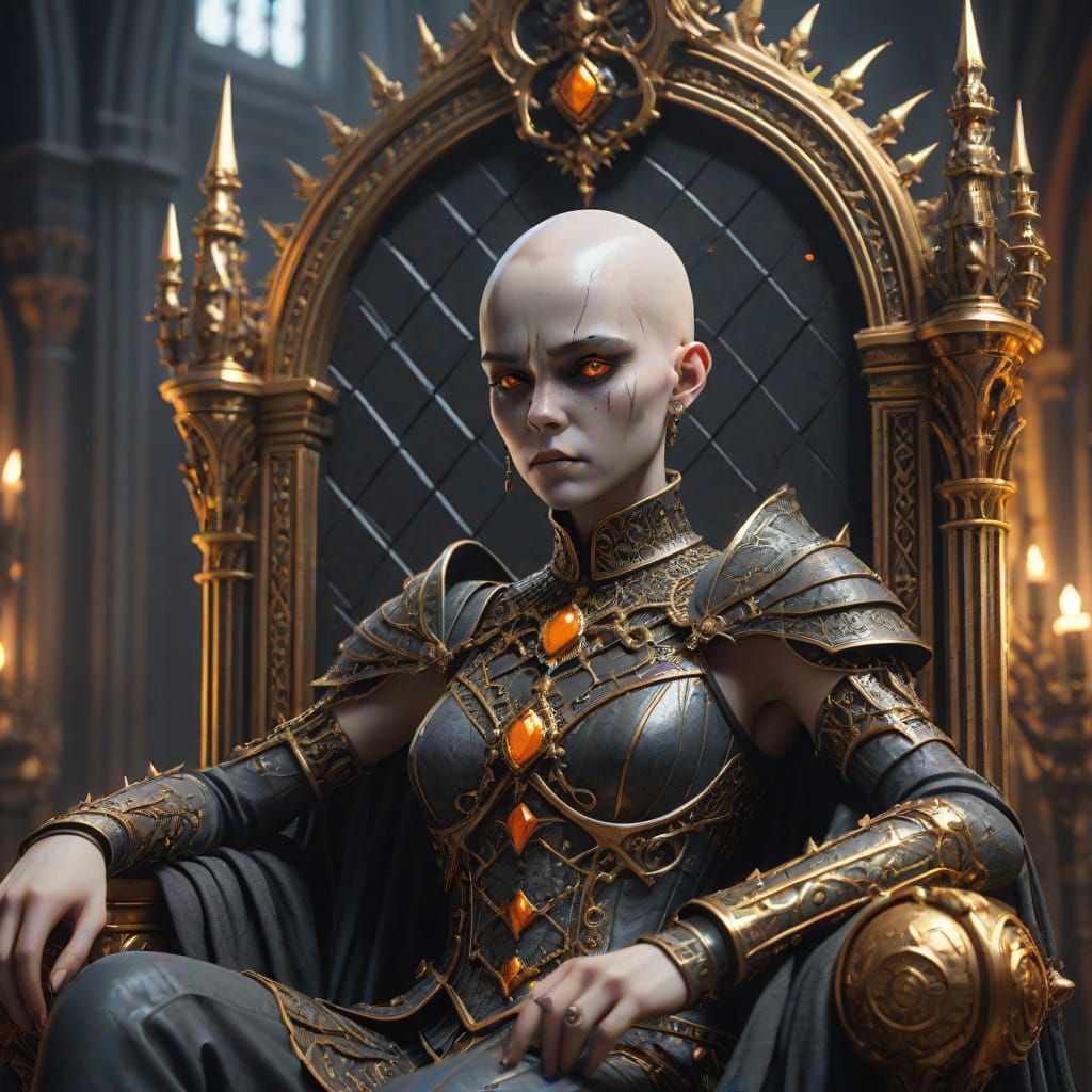 Gothic Dark Fantasy Queen with Grey Skin and Orange Eyes
