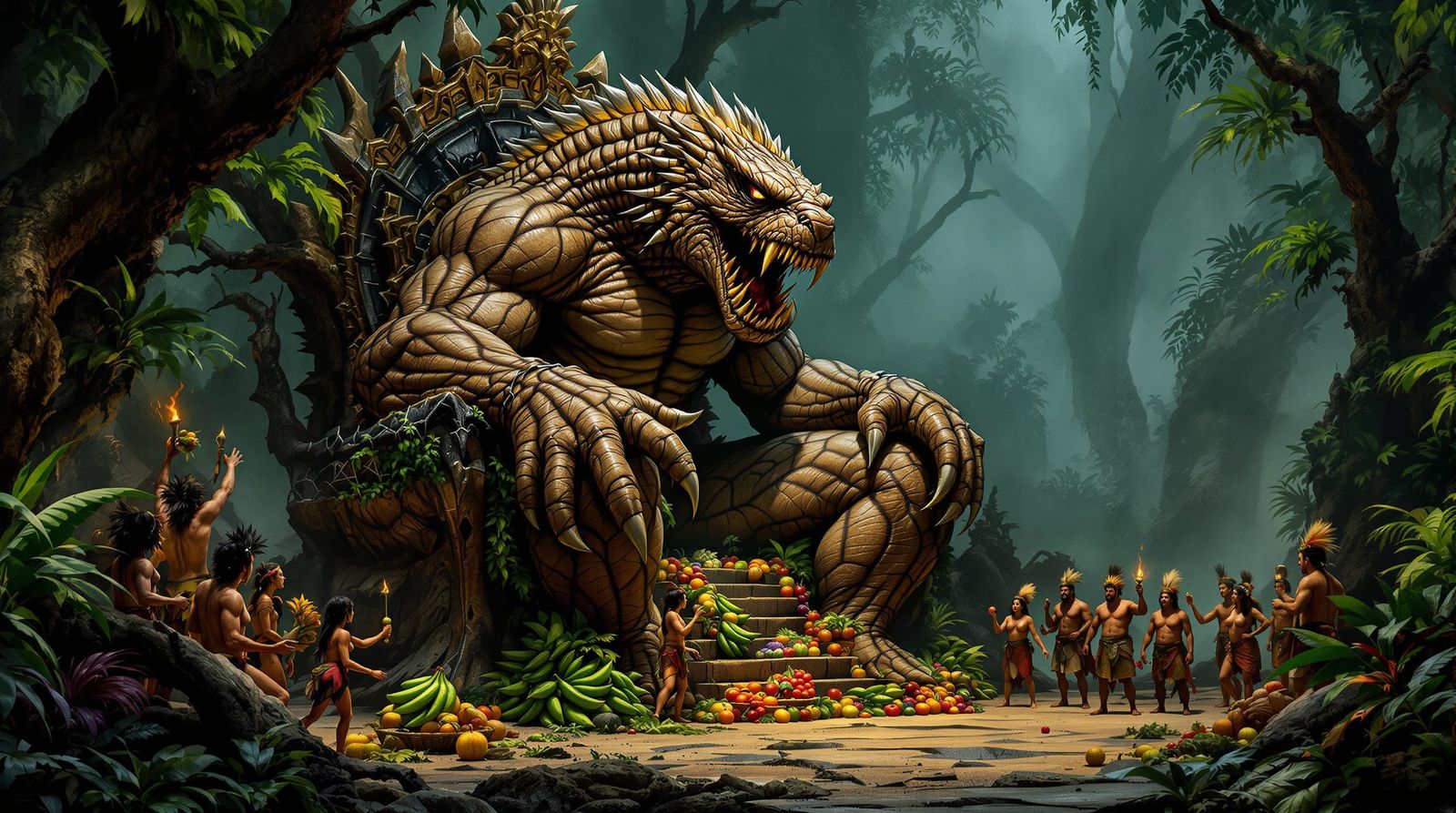 Reptilian Jungle Beast on Throne, in Frazetta Style