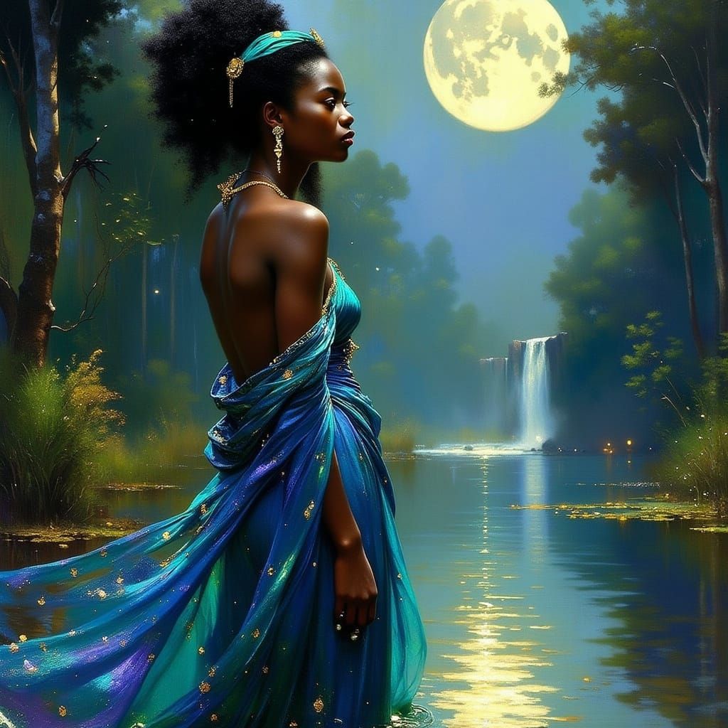 Ethereal African Queen in Moonlit Oasis Portrait