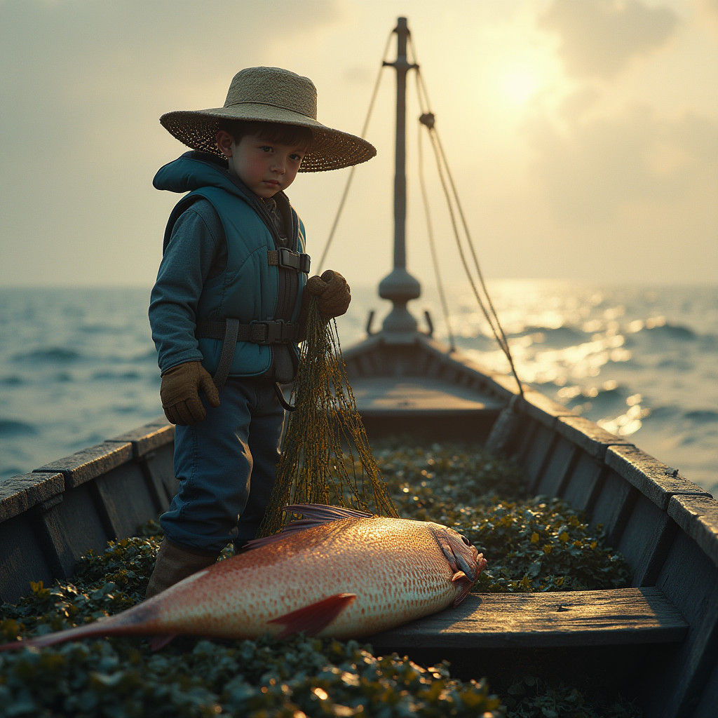 Boy on Fishing Boat Pulling Nets in Matte Painting Style