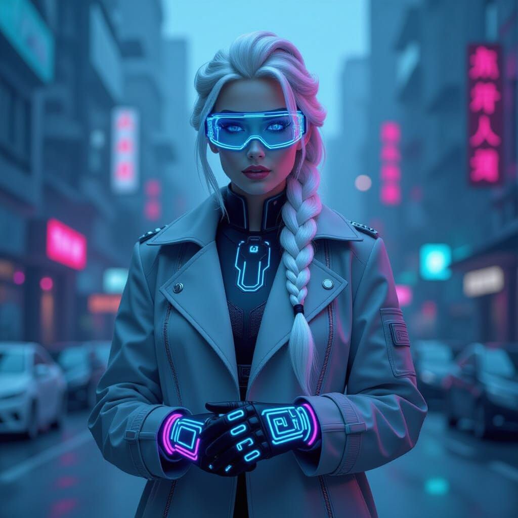 Elsa in Futuristic Trench Coat in Cyberpunk City