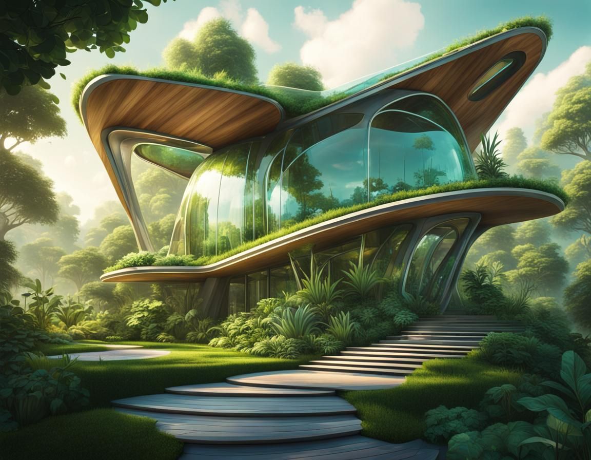 Futuristic Glass Cottage with Lush Vegetation