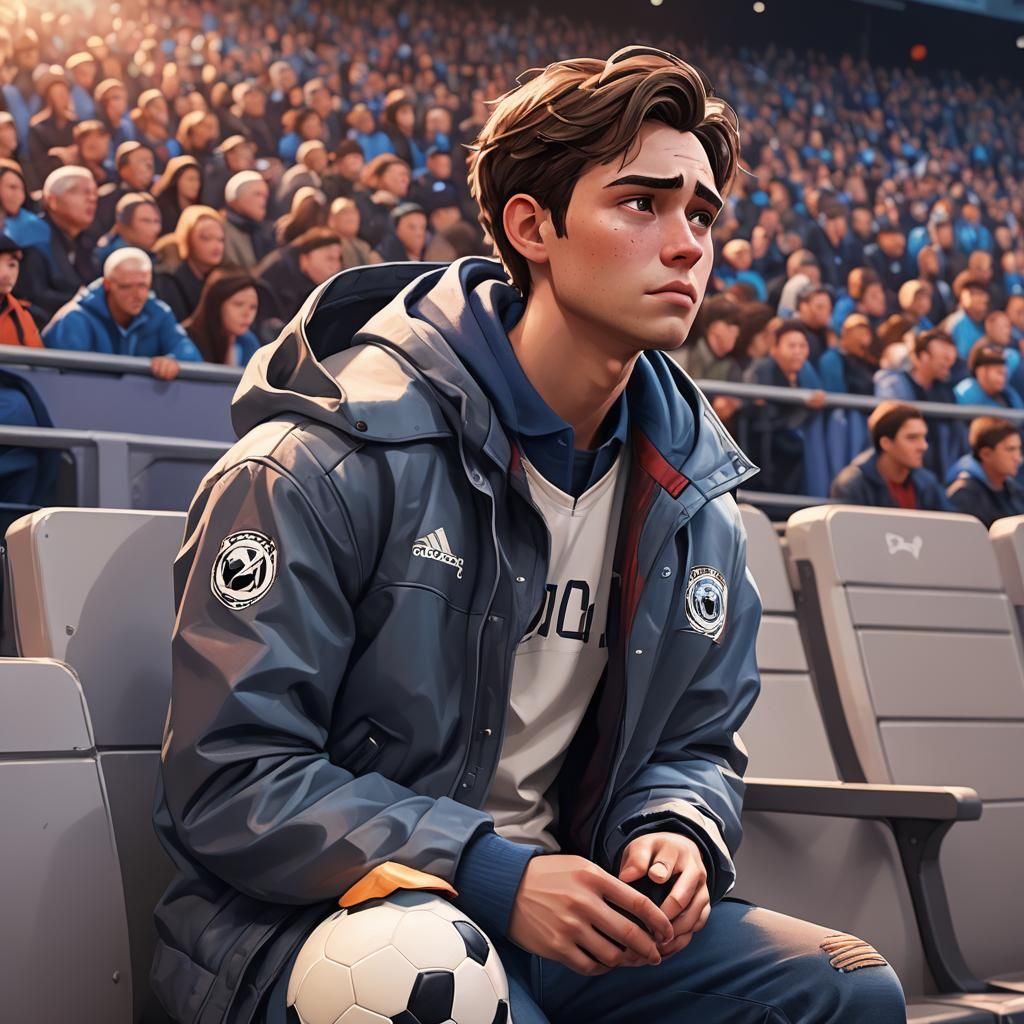 Sad Boy in Stadium: Pixar Style 3D Art