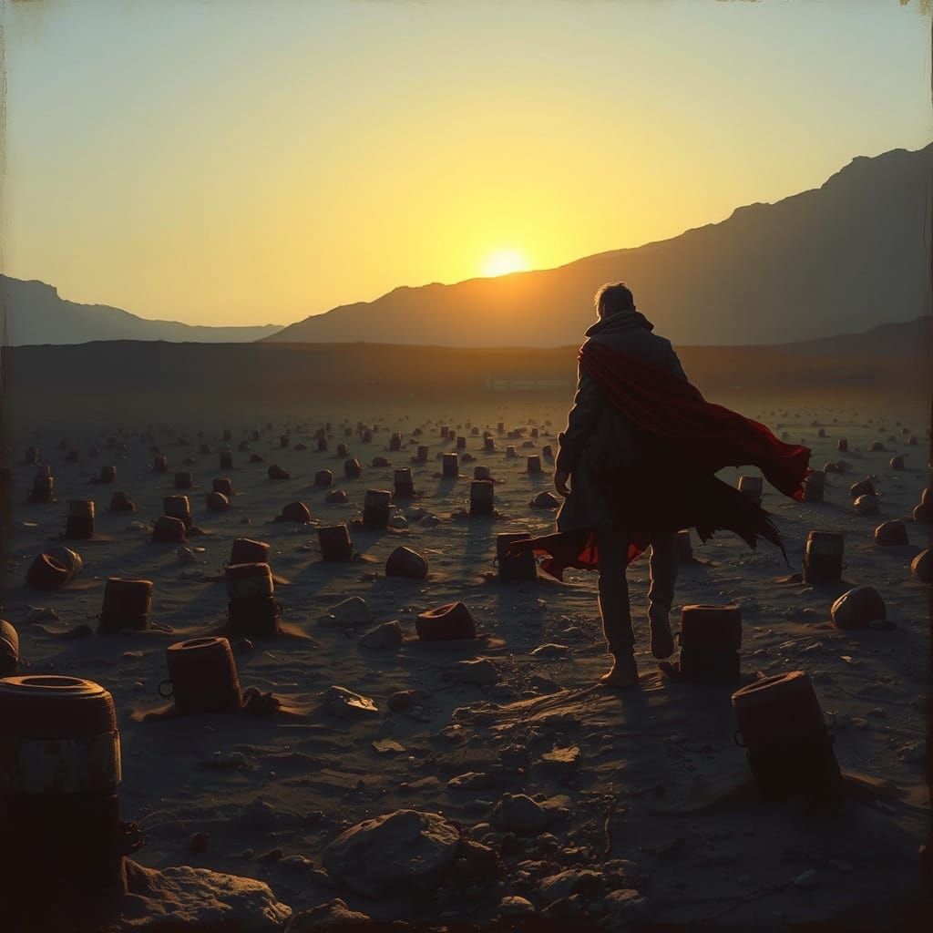 Surrealist Figure Stepping Through a Treacherous Minefield a...