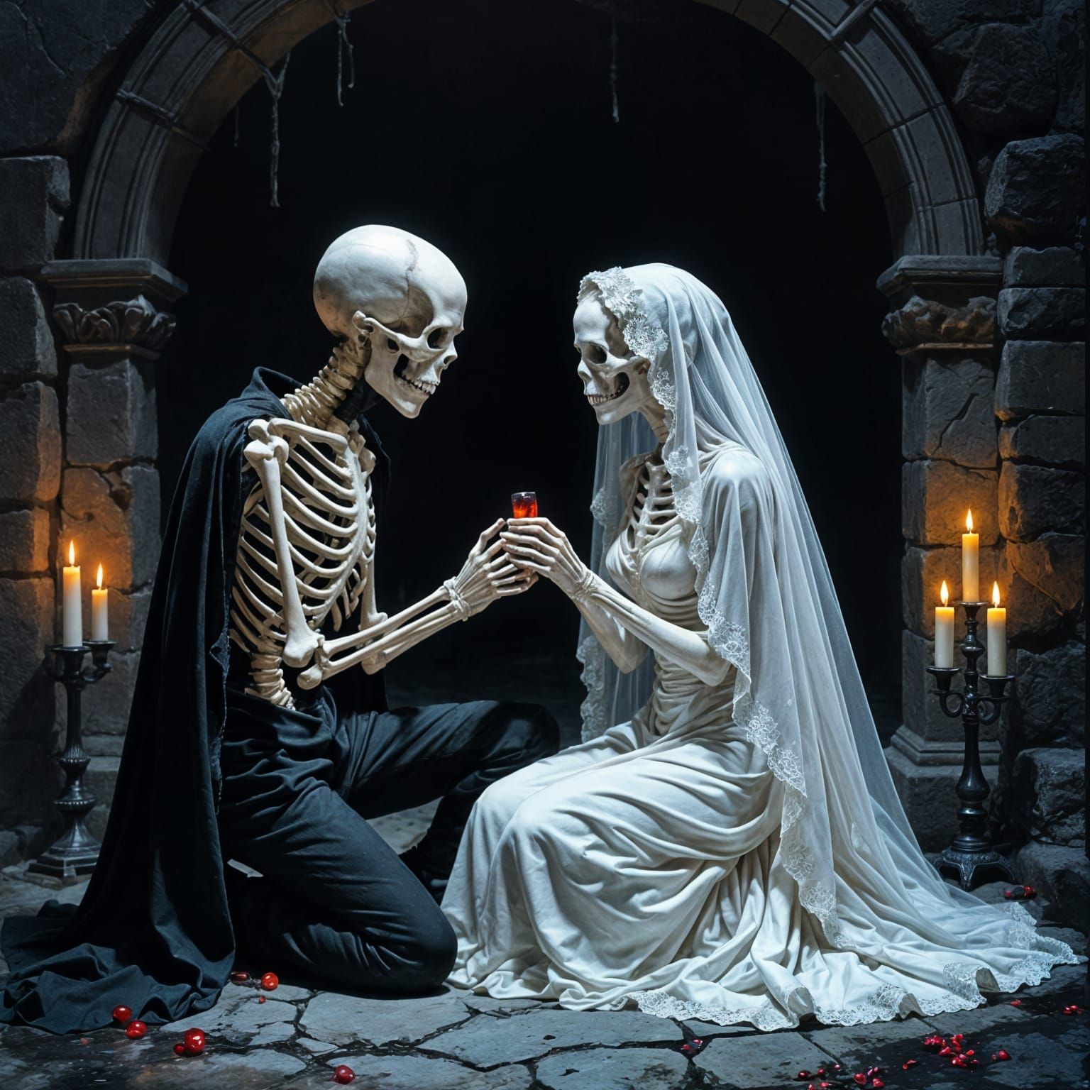 Skeleton Proposes in Candlelit Crypt with Bone Ring