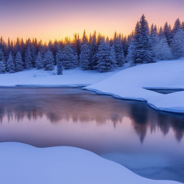 Twilight Over a Snowy Frozen Lake