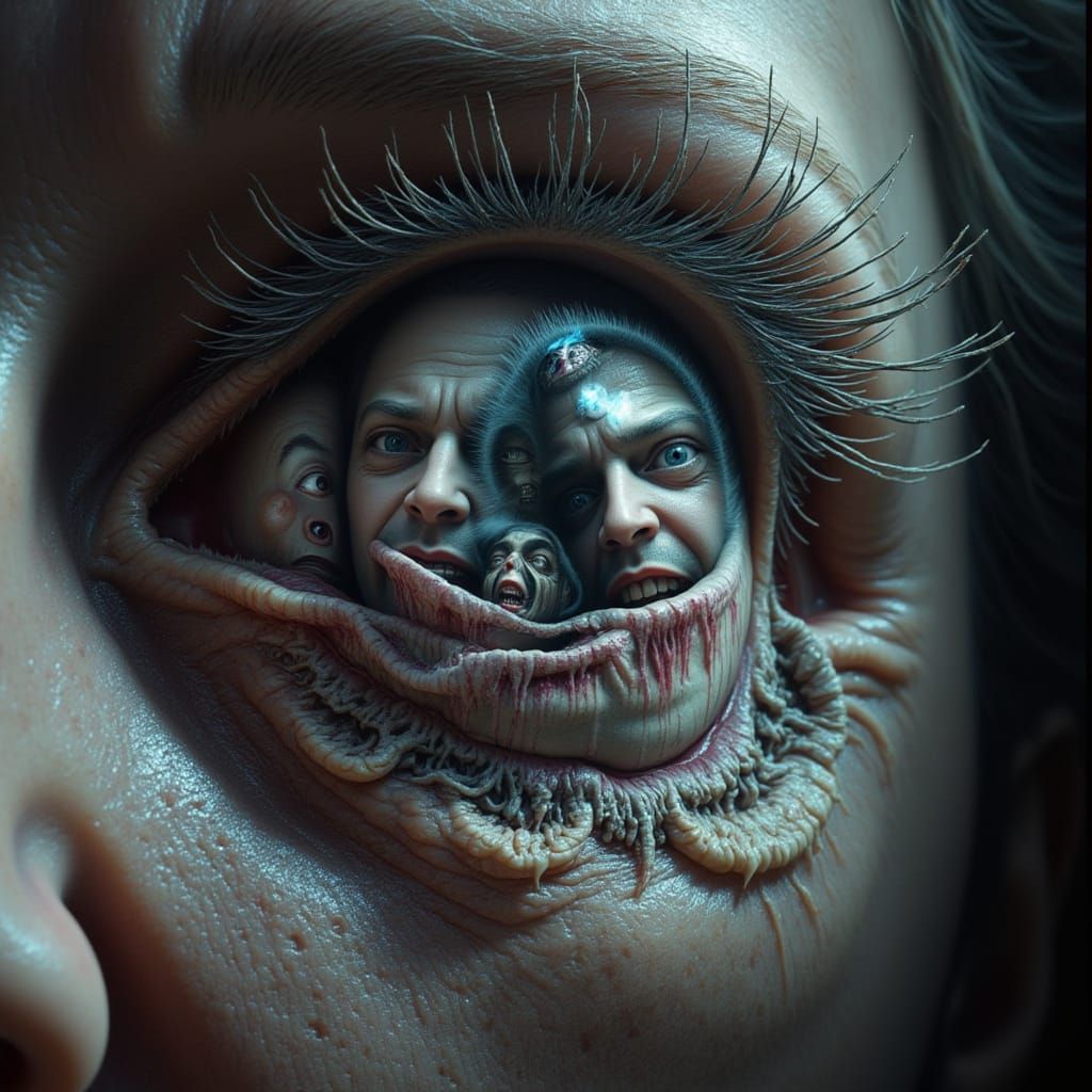 Fractal Faces Trapped in Eye: Surreal Concept Art