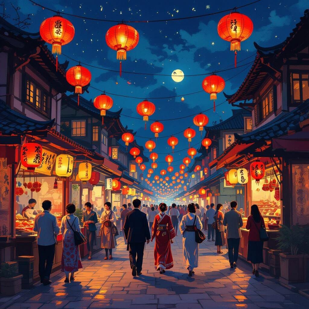 Vibrant Red Lanterns Illuminate Night Market Scene
