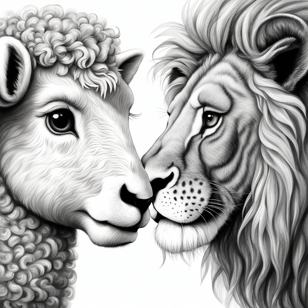 Black and white portrait of a lamb and a gentle lion gazing ...