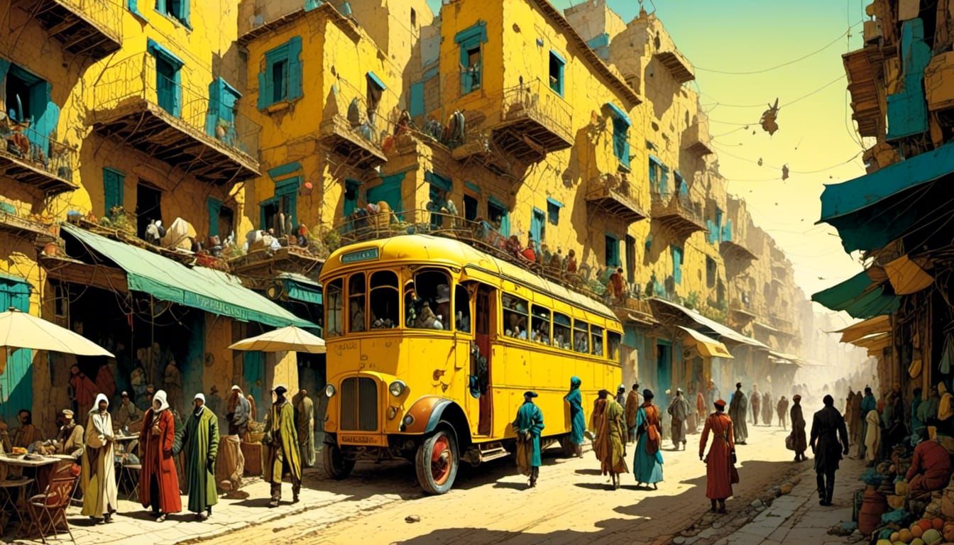 Bustling Middle Eastern Street Scene with Yellow Bus