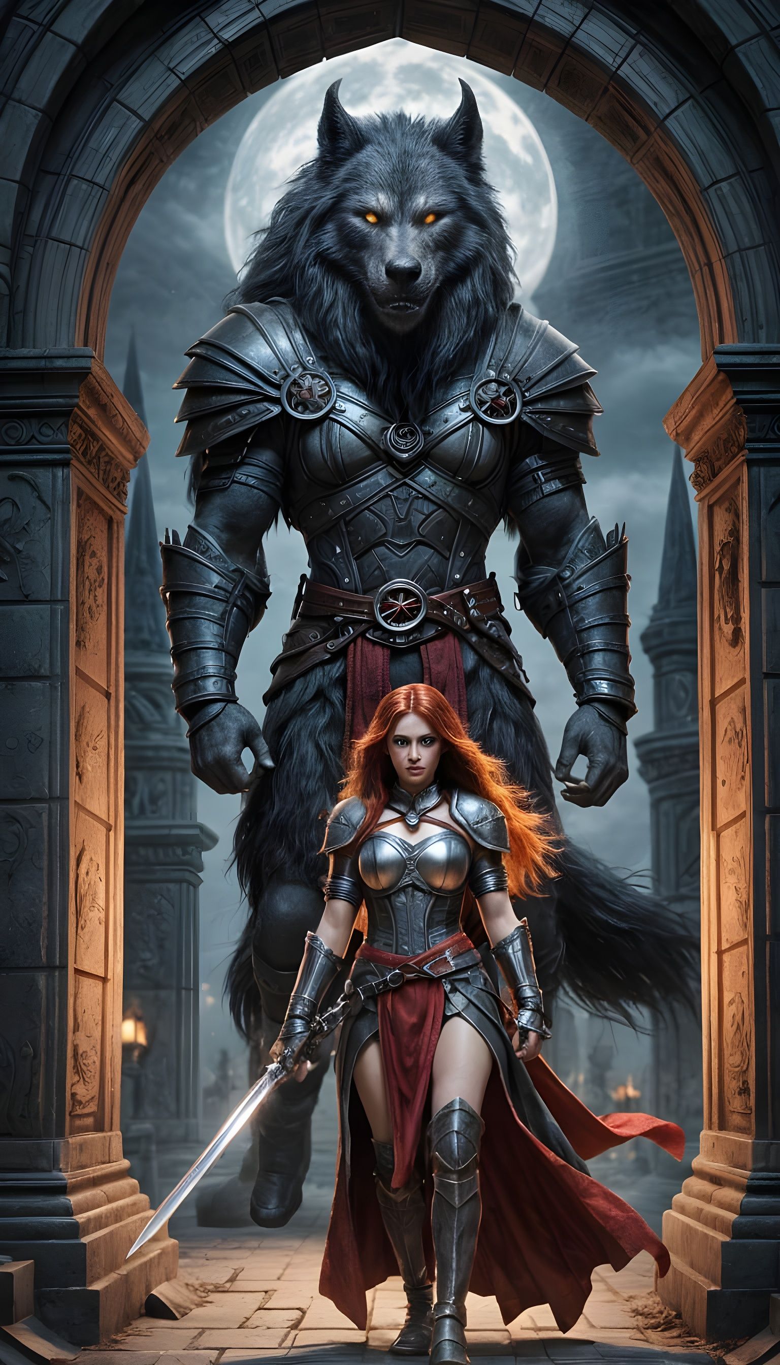 Warrior Woman and Werewolf in Gothic Archway