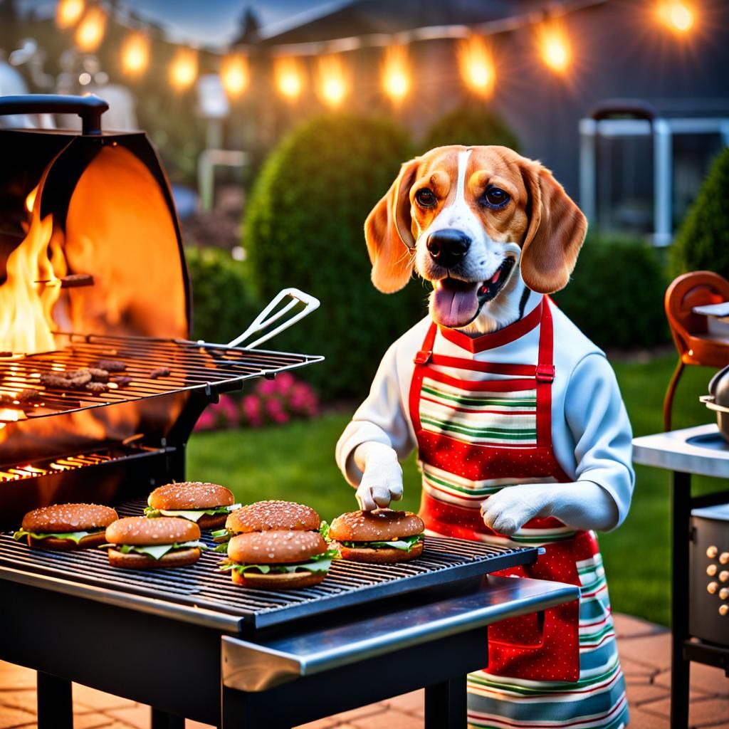 Happy Beagle Chef Cooks Burgers on Grill
