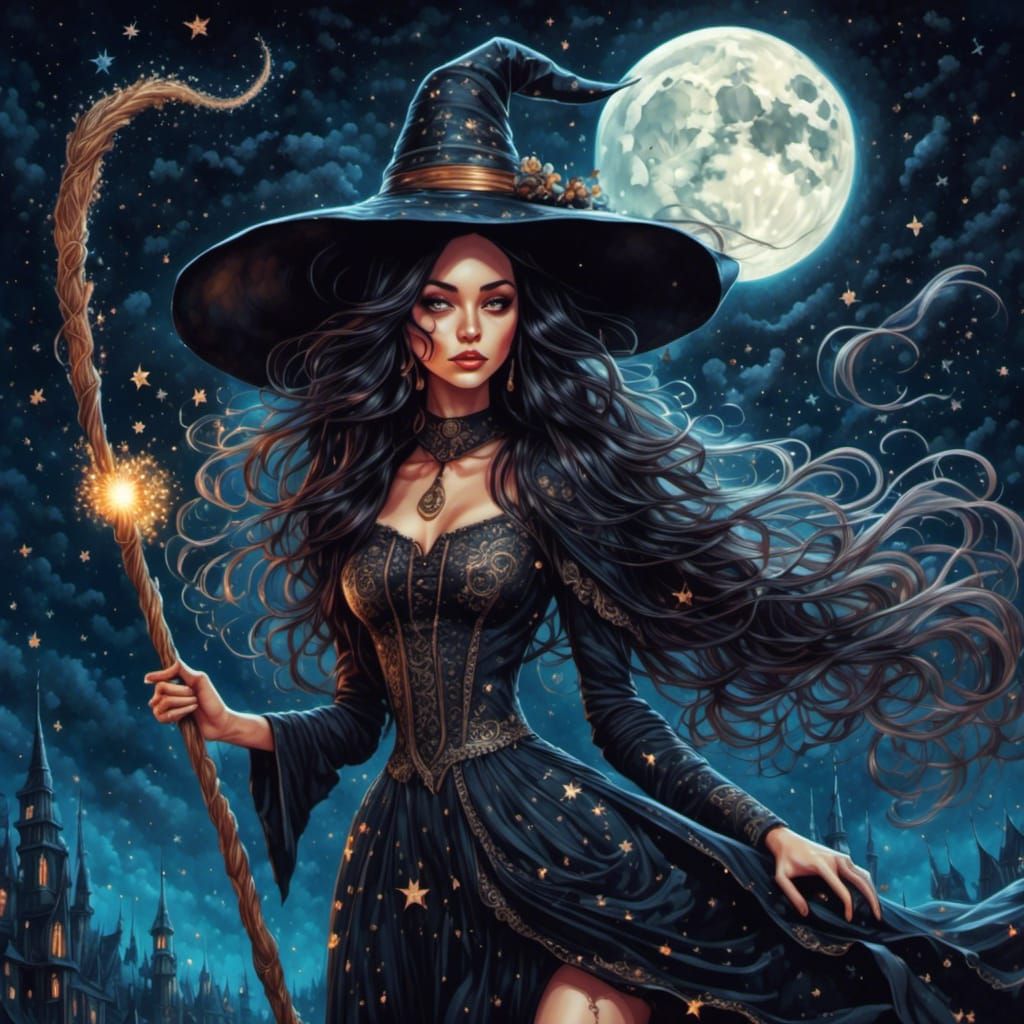 Beautiful Witch Rides Broom Under Crescent Moon