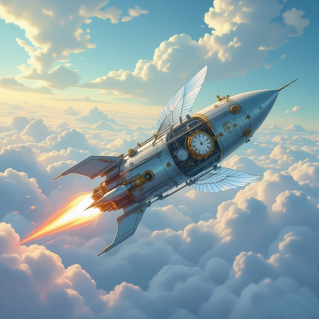 Surreal Rocket Ship in Dreamlike Cloudscape