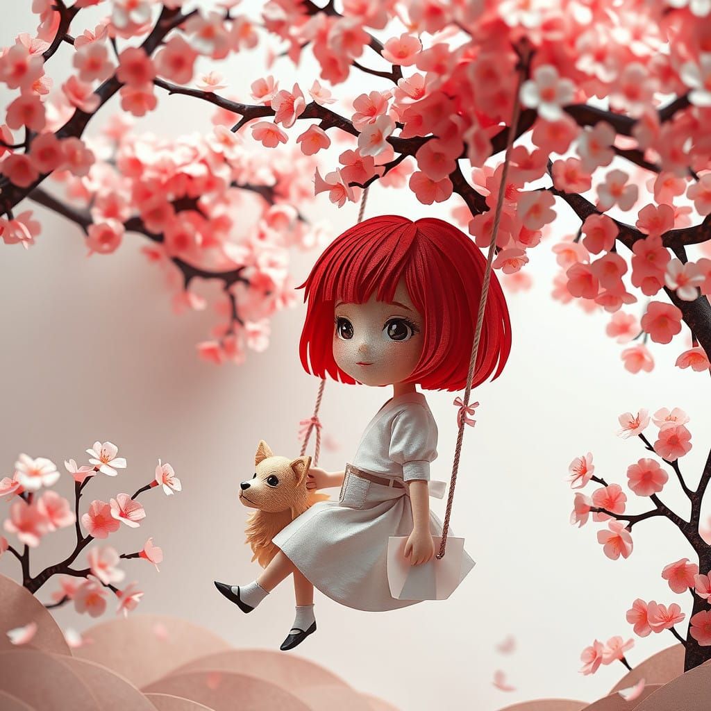 Whimsical Girl Swings Under Blossom Tree with Playful Dog