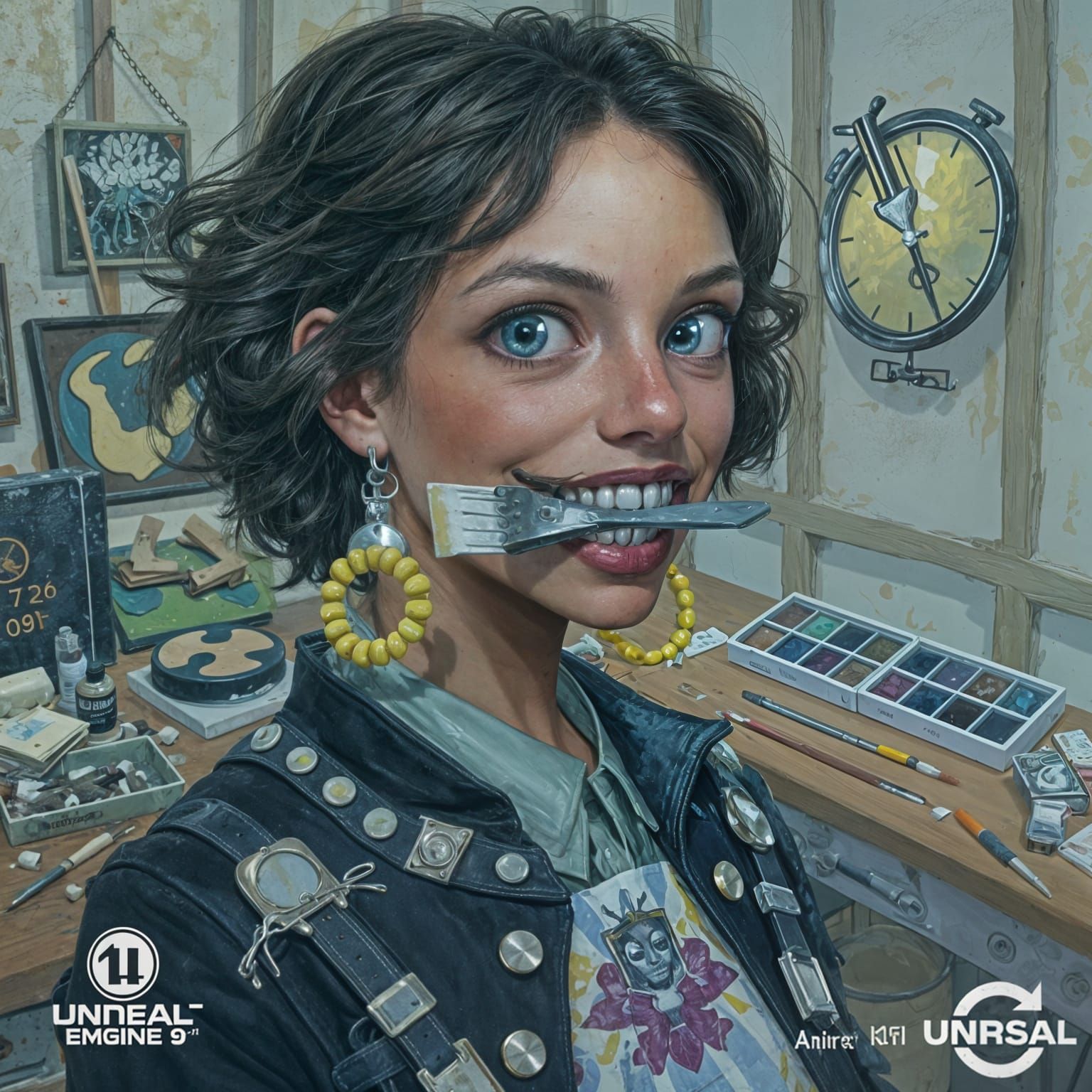 Young Apprentice Artist Surrounded by Half-Finished Canvases...