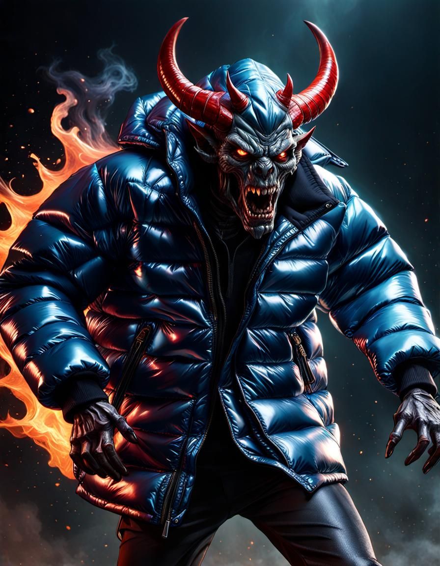 Clothing and fashion horror:  a shiny nylon puffy down jacket, as a demon