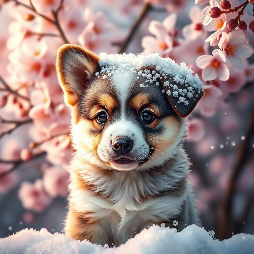Adorable Puppy in Snow with Cherry Blossom
