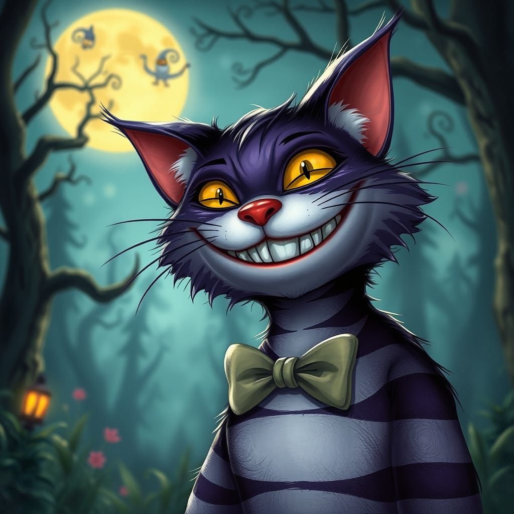 Mischievous Cheshire Cat in Moonlit Forest: Realistic Digita...