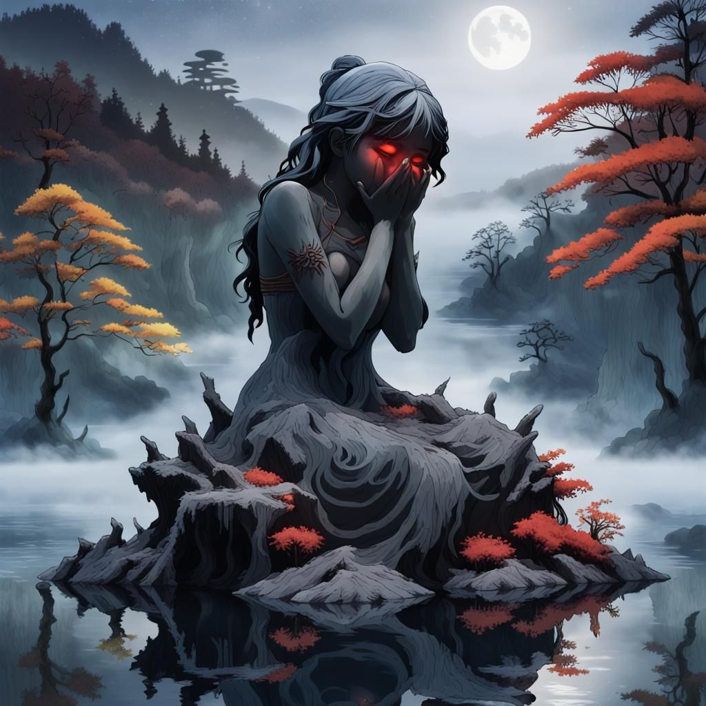 Obsidian Statue of Woman in Misty Lake