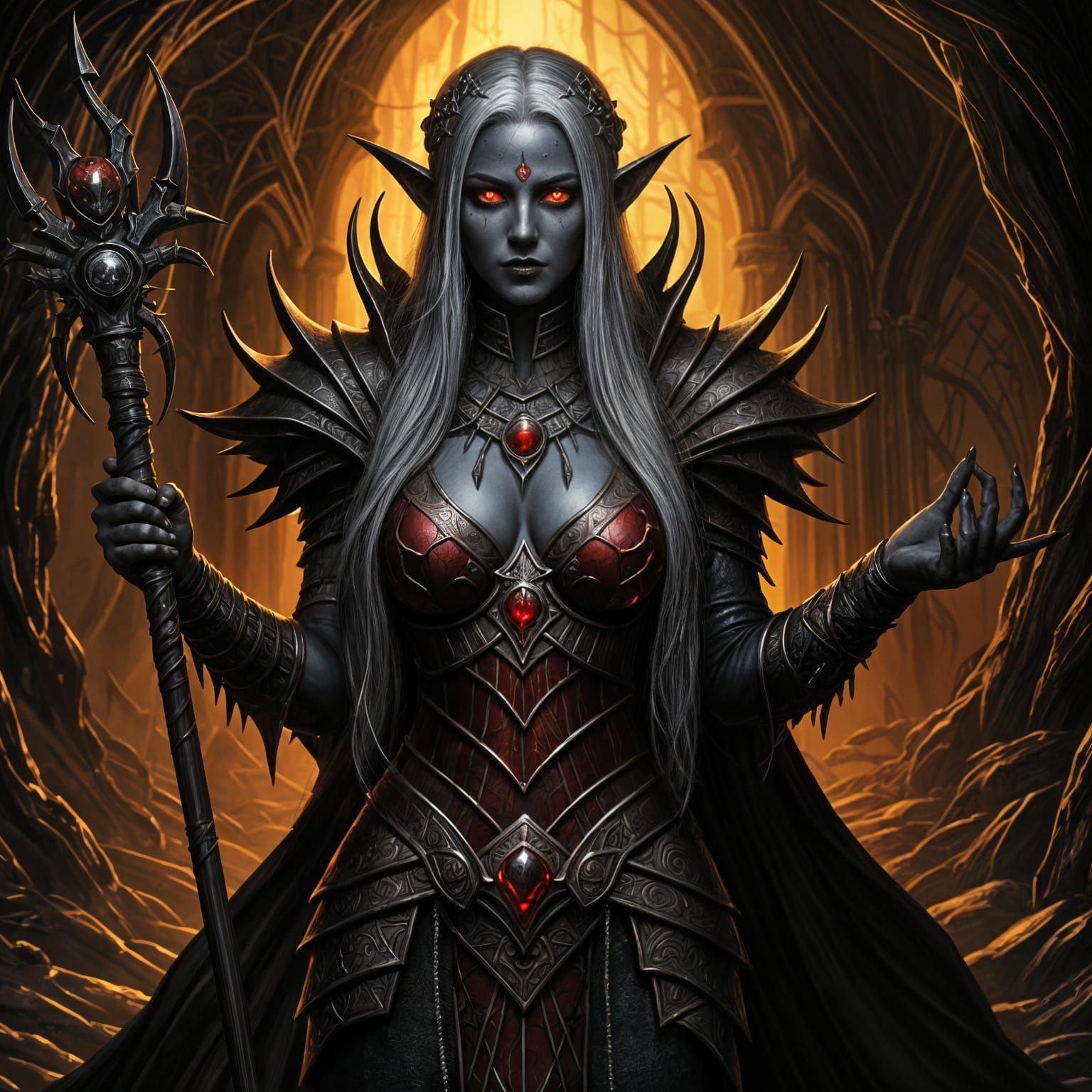 Dark Elf Priestess in Obsidian Temple: Fantasy Art