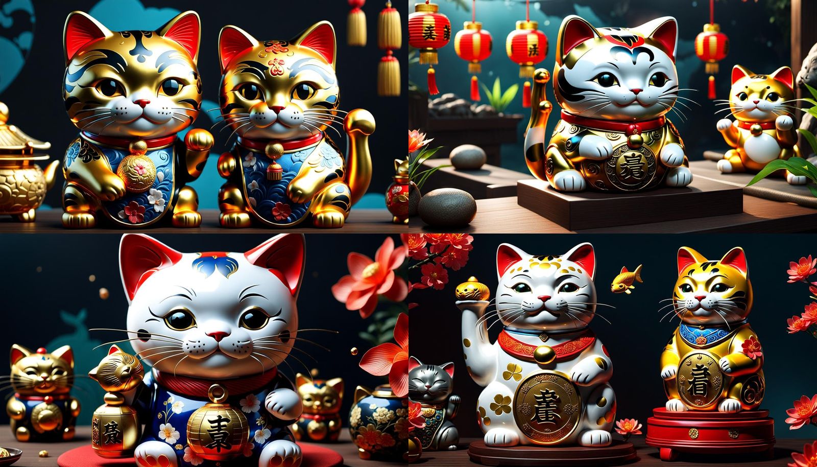 Lucky Cat Holding Fish: Hyperrealistic Digital Art
