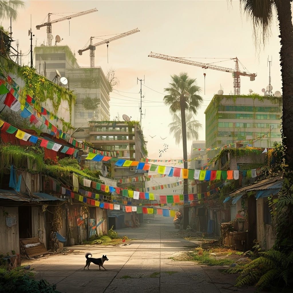 Vibrant Cityscape with Palm Trees and Colorful Flags