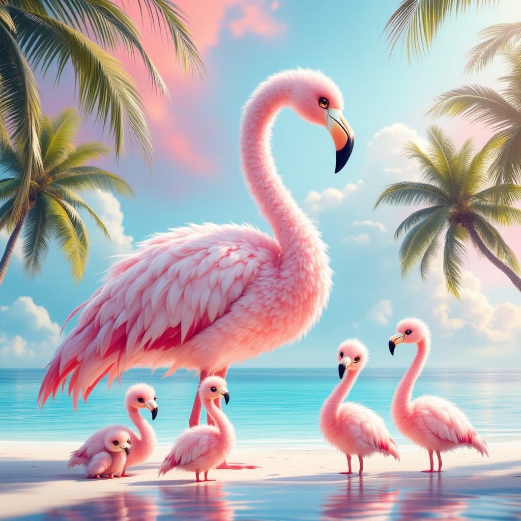 Background Florida Keys,
Giant, fluffy and adorable flamingo next to 4 cute fluffy baby flamingos, looking forward with ...