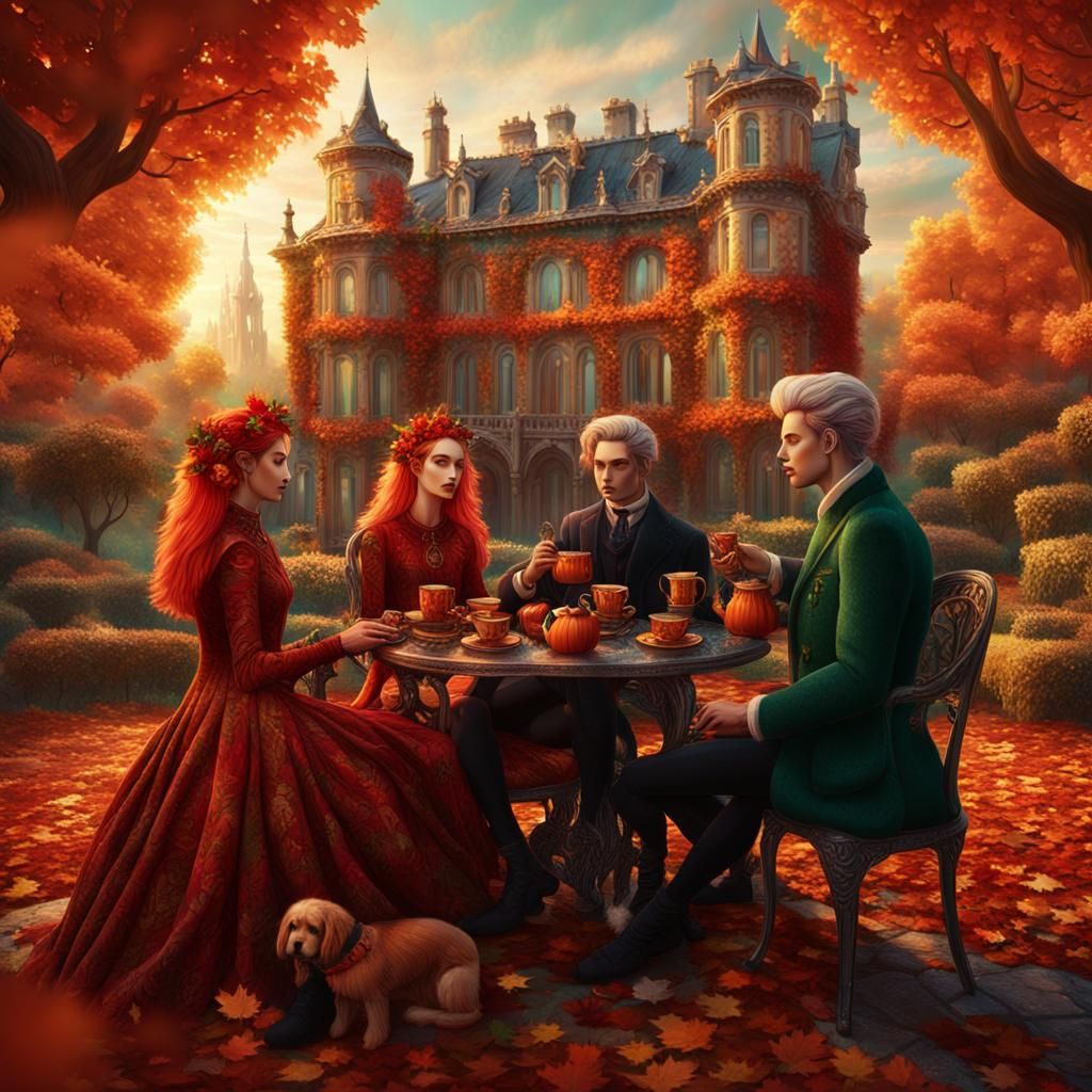 Gothic Couples Enjoying Tea in Autumn Garden