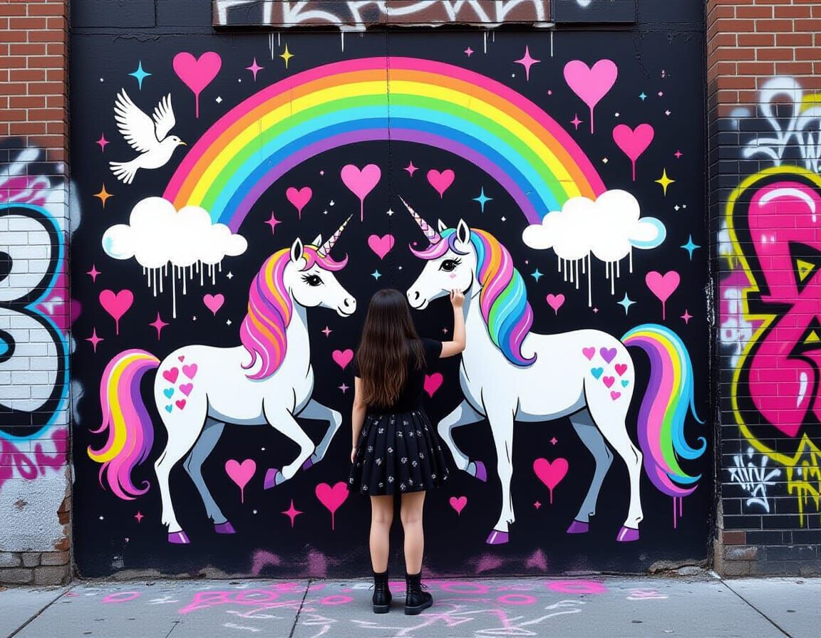 Goth Girl Bomb Paints Unicorns on Ruined Alley Wall