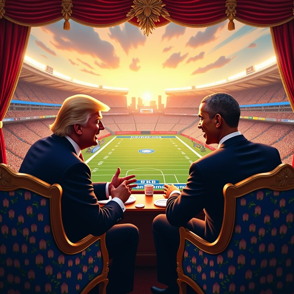 Trump and Obama at Football Game in Ornate Style
