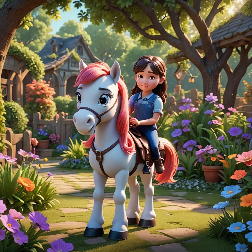 Girl and Pony in Garden, Pixar-Style 3D Art