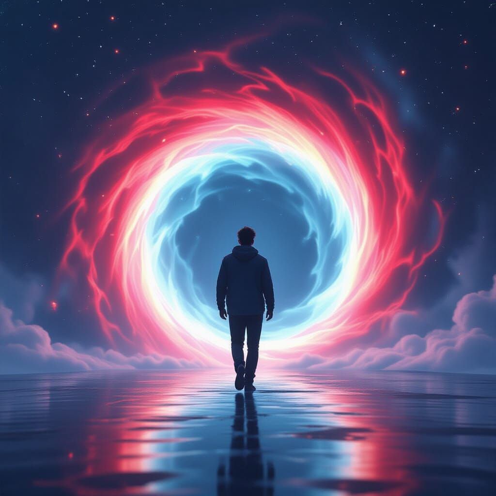 Man Enters Swirling Red, White, and Blue Portal