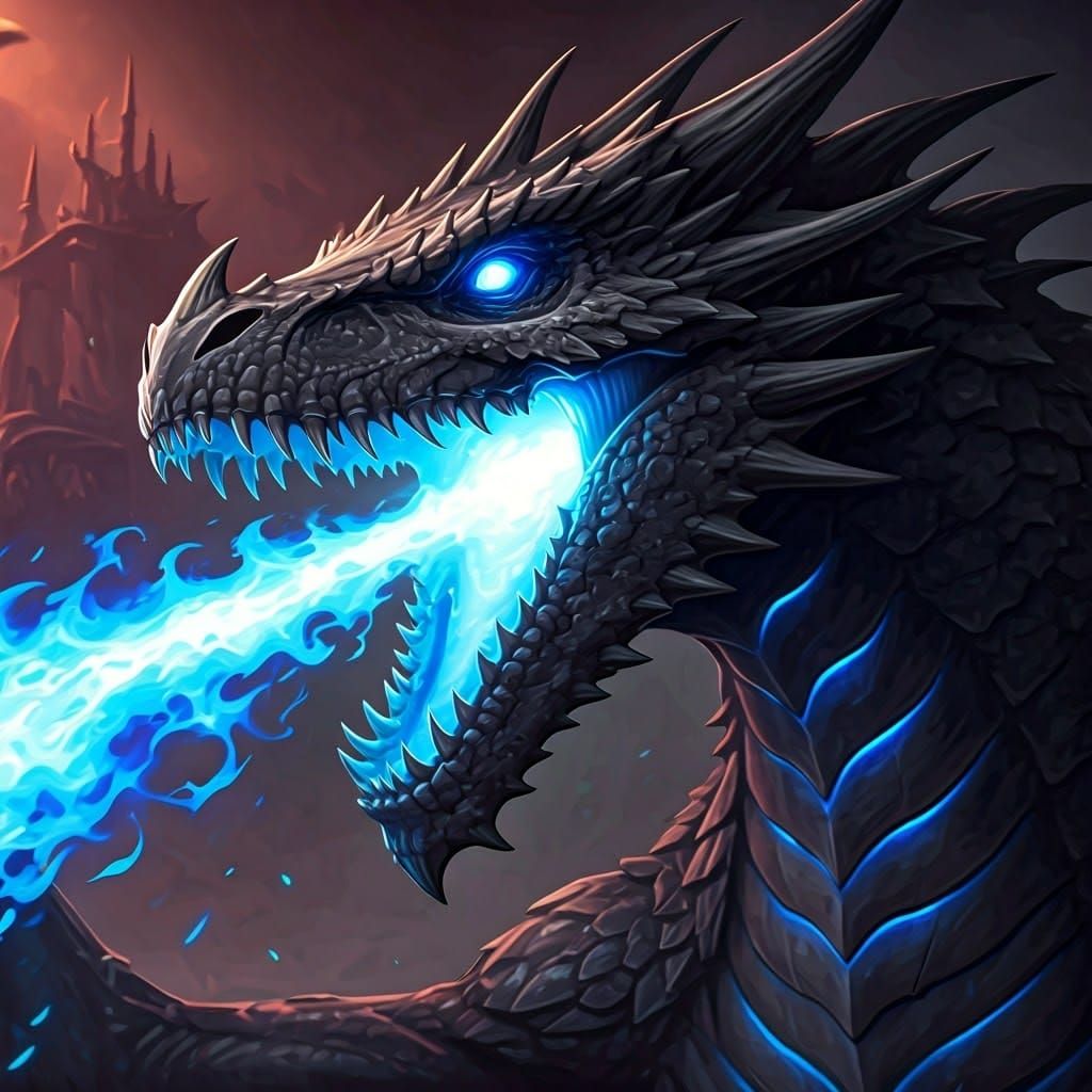 Ethereal Black Dragon Unleashes Radiant Blue Fire in Dreamli...