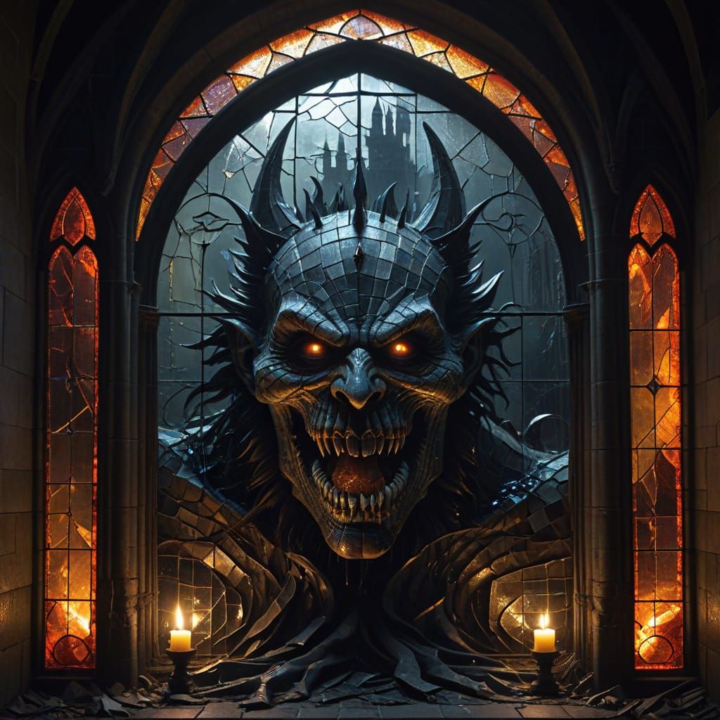 Gothic Horror Stained Glass Portrait in Vivid, Unsettling Co...