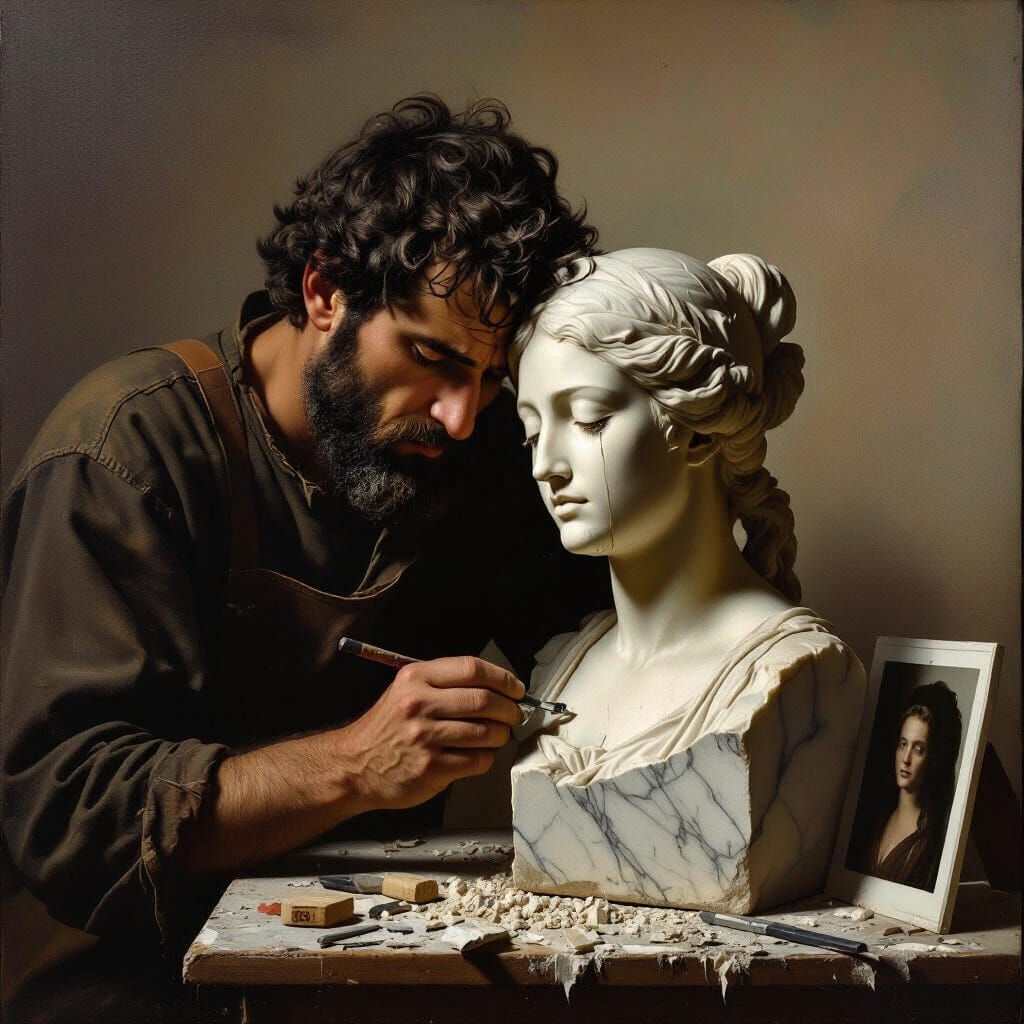 Artisan Carving Marble Sculpture in Chiaroscuro Style