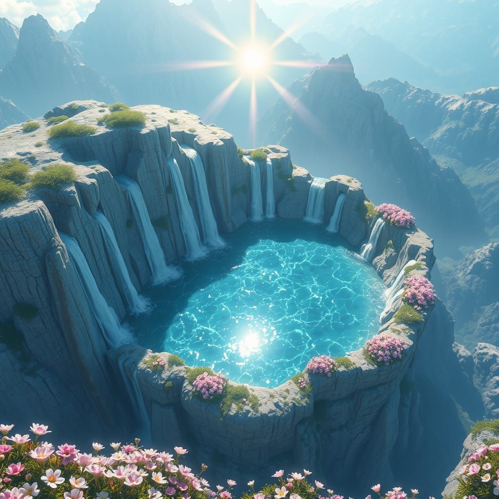 Mountaintop Sanctuary: Anime-Style Waterfalls and Blossoms