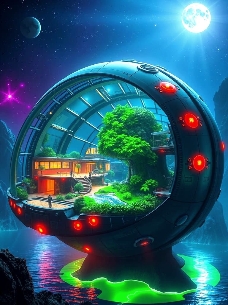 Futuristic Spaceship Colony with Artificial Forest and Sea