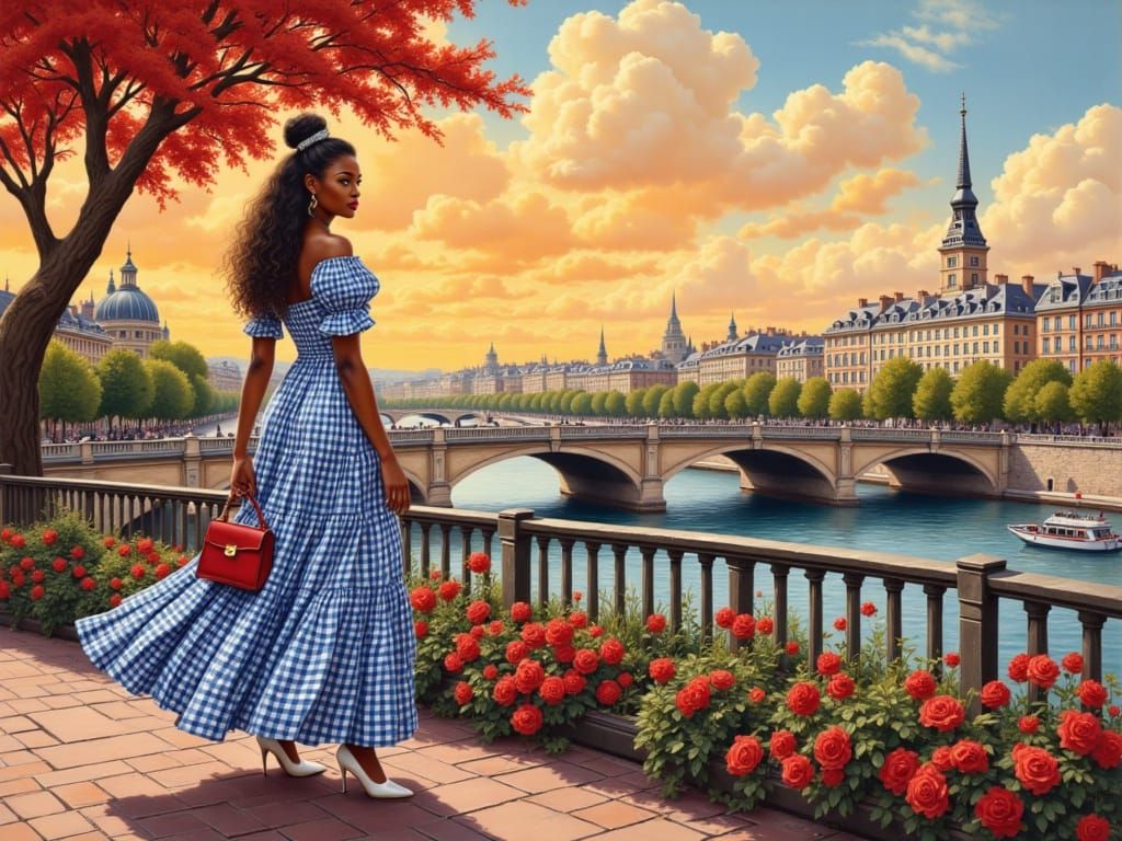Gingham Dress Woman on Parisian Bridge at Sunset