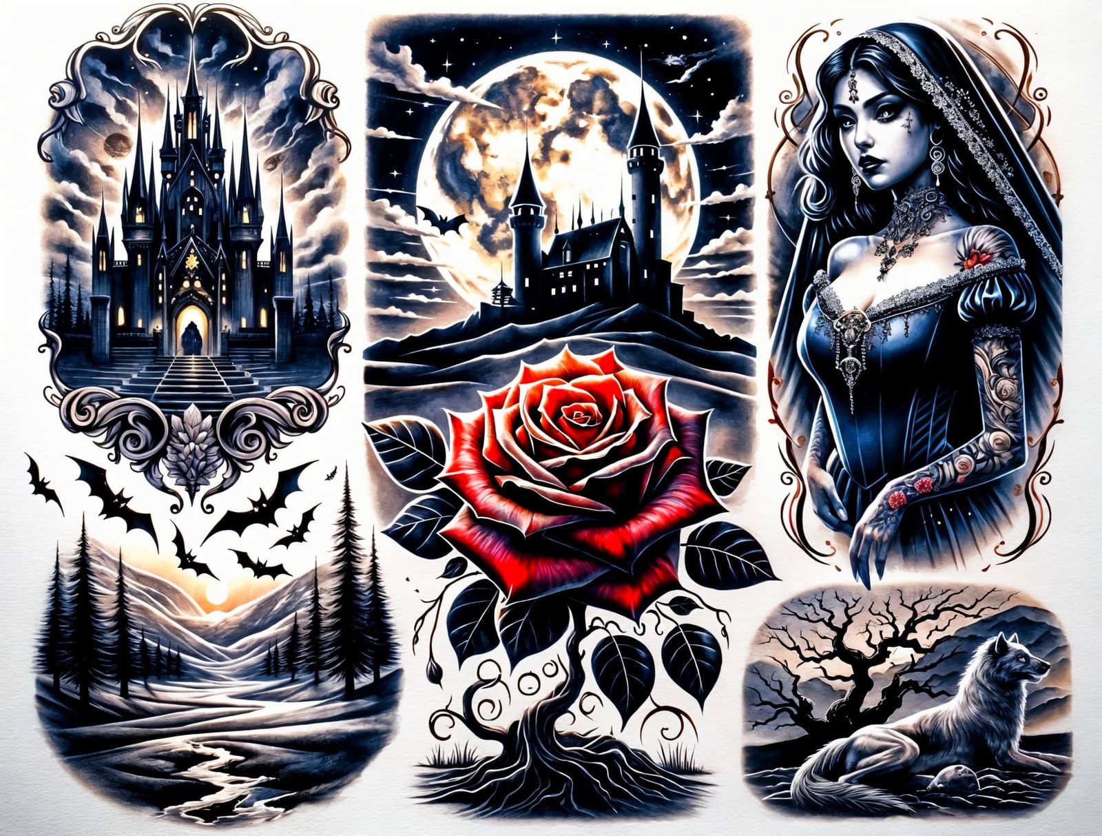 A gothic aesthetics flash tattoo sheet