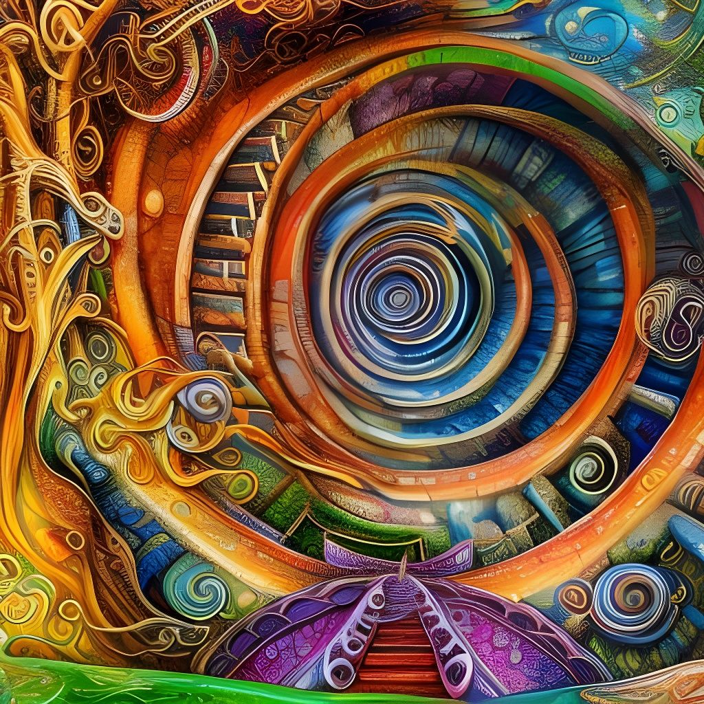 Colorful Spiral Stepwell Illustration in Mixed Media Style