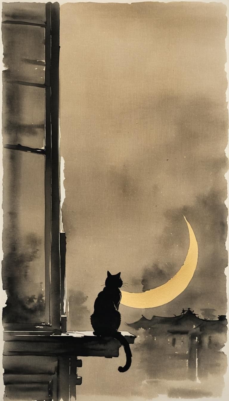 Minimalist Chinese Ink Painting of Cat and Moon