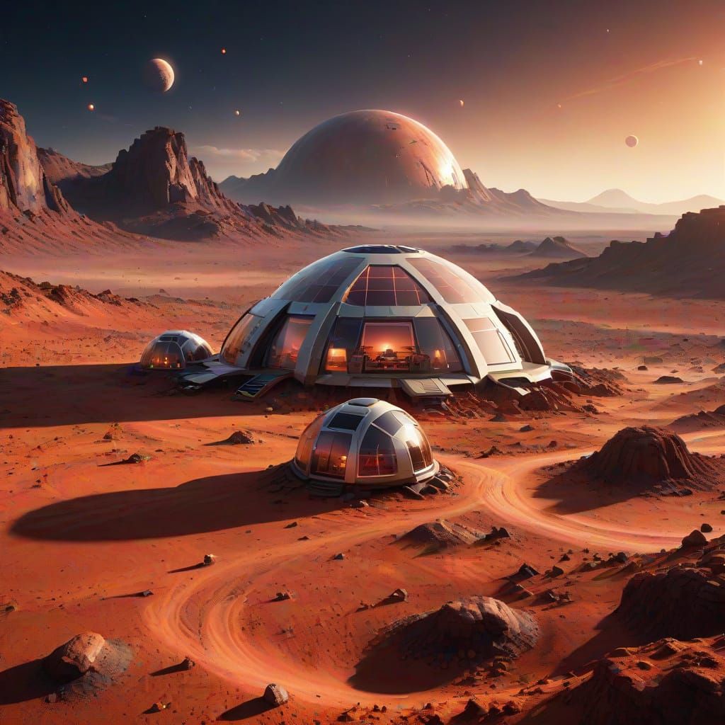 Futuristic Martian Habitat Under Dual Moons