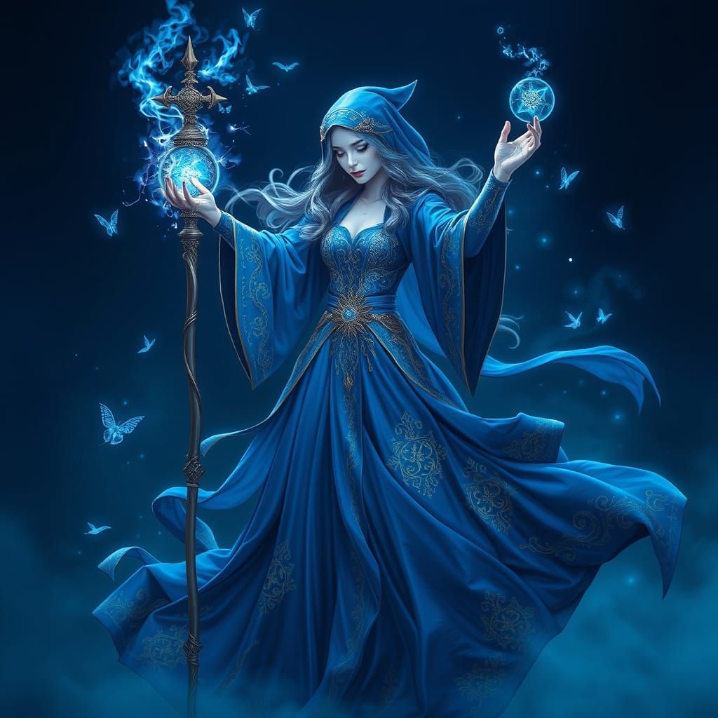Mystical Sorceress Casting Luminous Blue Spell in Sapphire R...