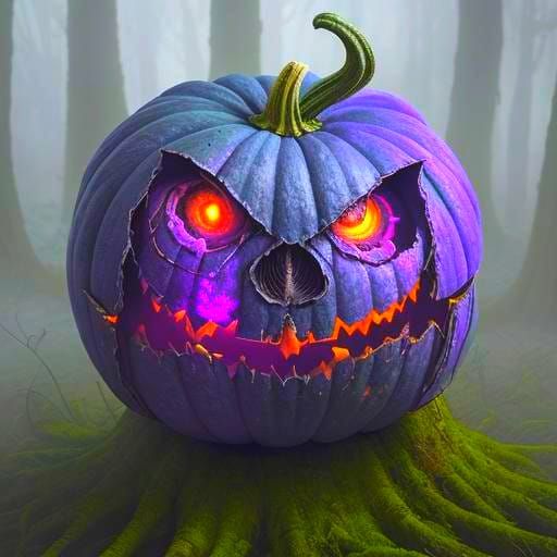 Cute Purple Pumpkin Monster with Glowing Moths, Surreal Art
