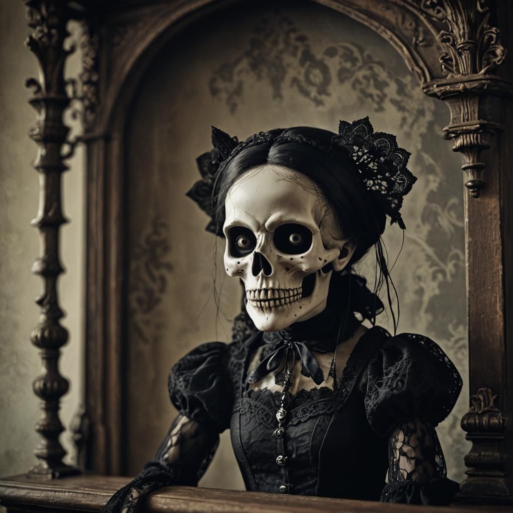 Creepy Gothic Skull-Headed Puppet in Victorian Setting