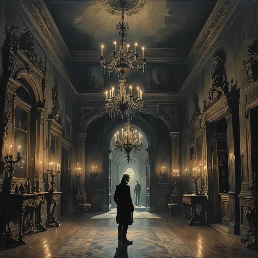 Ominous Figure in Dimly Lit Gothic Mansion