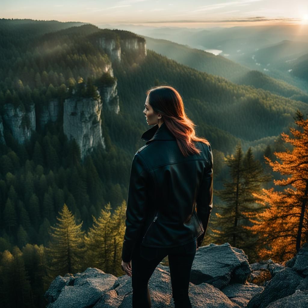 Woman on Mountain Cliff in Cinematic Style